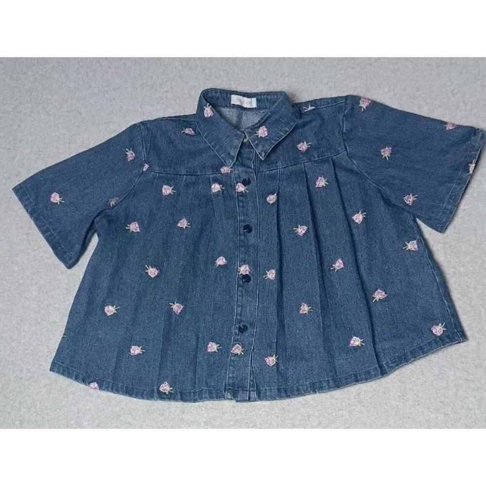 Vintage Solitaire Cropped Denim Cardigan Womens Size M Blue Embossed Rose...